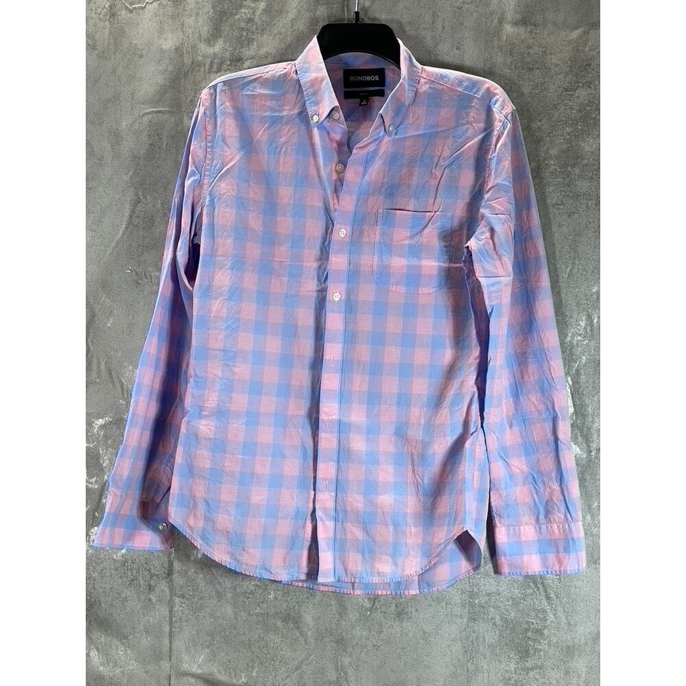 BONOBOS Men's Pink/Blue Gingham Slim-Fit Button-Up Long Sleeve Shirt SZ S